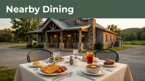 An Arkansas restaurant exterior with an outdoor table of comfort food beneath a Nearby Dining headline.