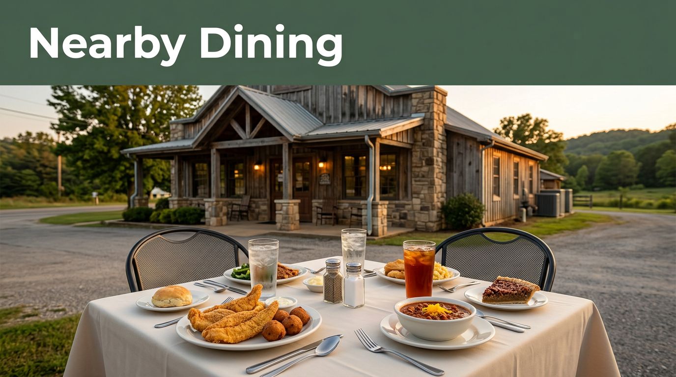 An Arkansas restaurant exterior with an outdoor table of comfort food beneath a Nearby Dining headline.