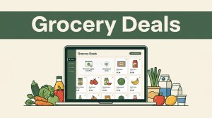 Laptop showing grocery prices beside neatly arranged fresh food.