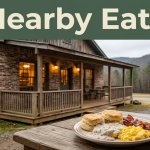 Southern breakfast outside a rustic café with mountains behind it.