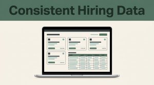 Laptop showing organized hiring data and job listings beneath a green headline band.