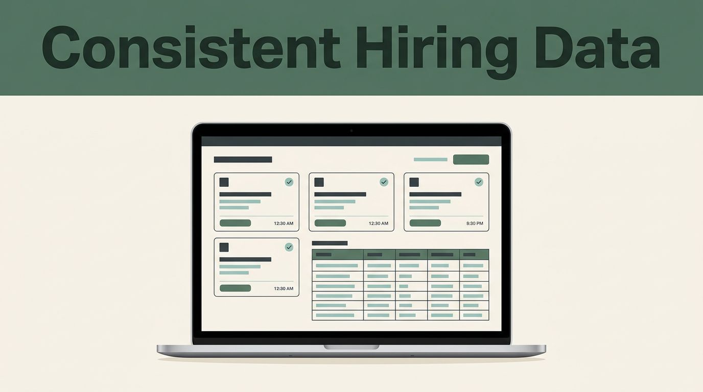 Laptop showing organized hiring data and job listings beneath a green headline band.