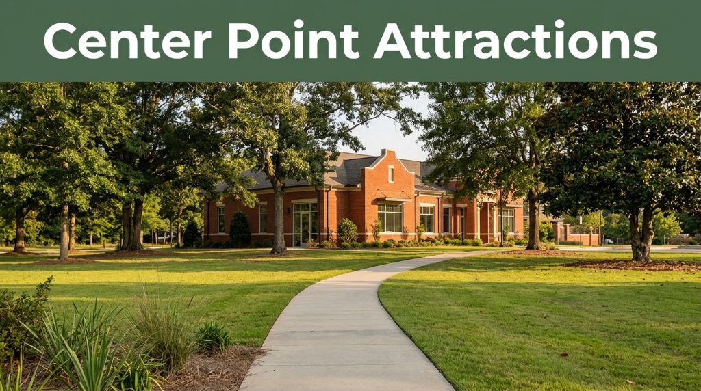 A park trail leads to a red-brick community building beneath mature trees.