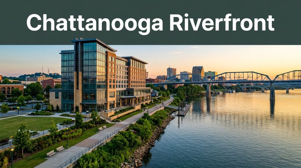 A modern Chattanooga hotel beside the Tennessee River with the skyline and Walnut Street Bridge behind it.