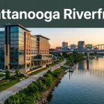 A modern Chattanooga hotel beside the Tennessee River with the skyline and Walnut Street Bridge behind it.