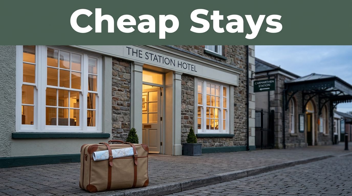 A welcoming Carmarthen hotel entrance with a suitcase and railway details in the background.