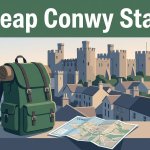 A backpack and map overlook Conwy Castle and old-town rooftops in morning light.