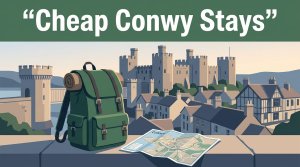 A backpack and map overlook Conwy Castle and old-town rooftops in morning light.