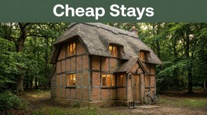 A woodland cottage with a bicycle, walking boots, and glowing windows.