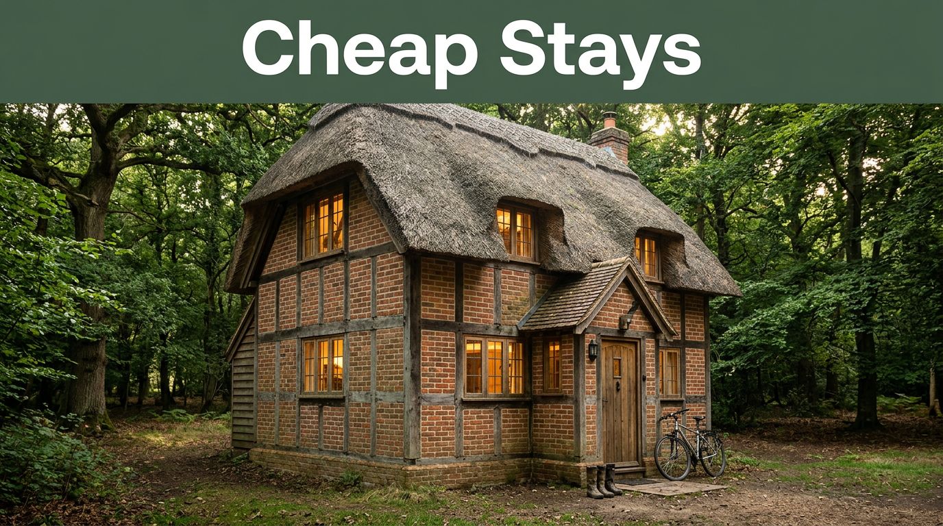 A woodland cottage with a bicycle, walking boots, and glowing windows.