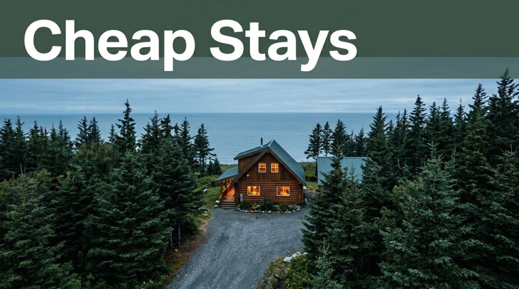 A warm cabin beside spruce trees and the Alaska coast under an overcast sky.