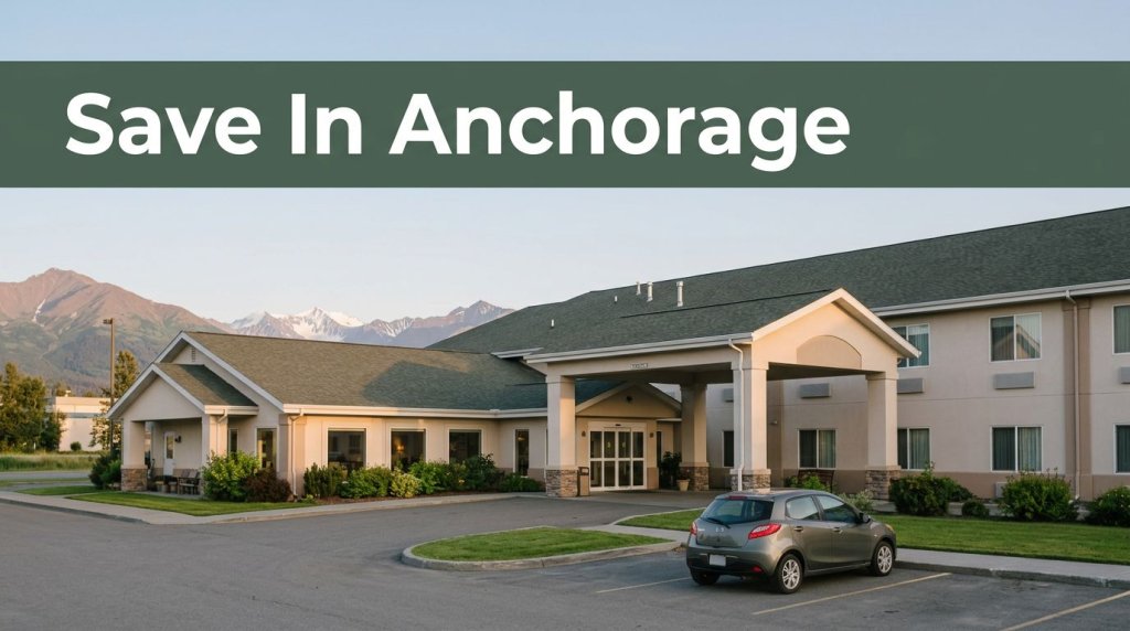 A hotel entrance with a rental car and Alaska mountains at sunset.