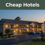 A warmly lit roadside motel with a small lot and a dark green Cheap Hotels banner.