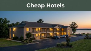 A warmly lit roadside motel with a small lot and a dark green Cheap Hotels banner.