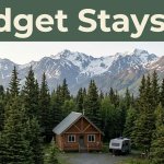 A rustic cabin and travel vehicle among spruce trees with mountains behind it.