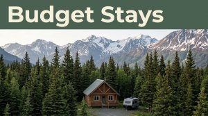 A rustic cabin and travel vehicle among spruce trees with mountains behind it.