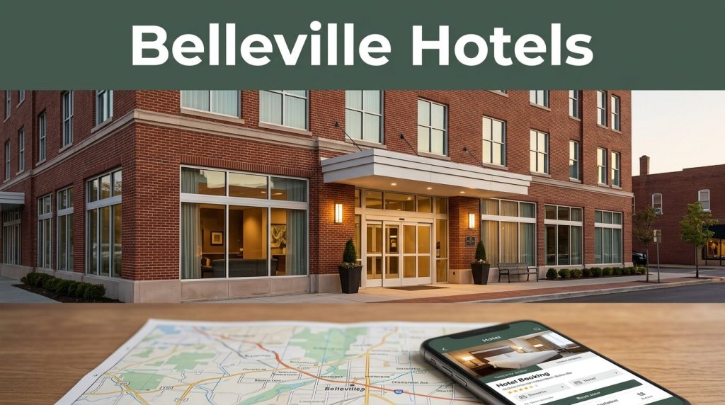 Hotel entrance in downtown Belleville with a map and smartphone in the foreground.