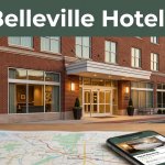 Hotel entrance in downtown Belleville with a map and smartphone in the foreground.