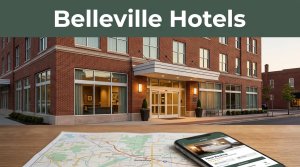 Hotel entrance in downtown Belleville with a map and smartphone in the foreground.