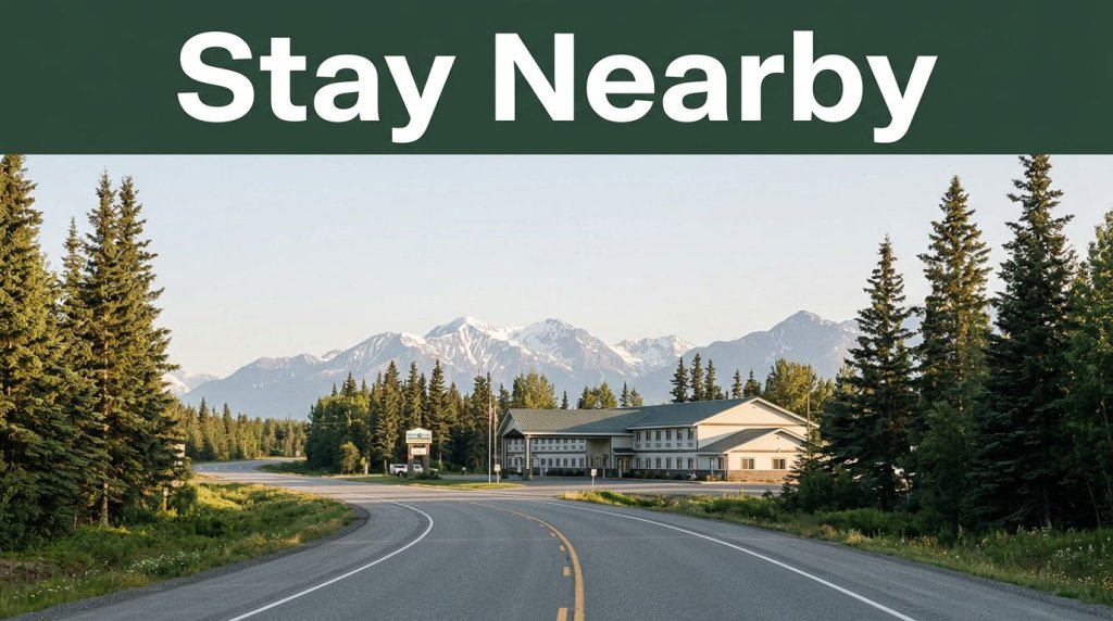 A roadside hotel beside an Alaska highway with spruce trees and snow-dusted mountains.