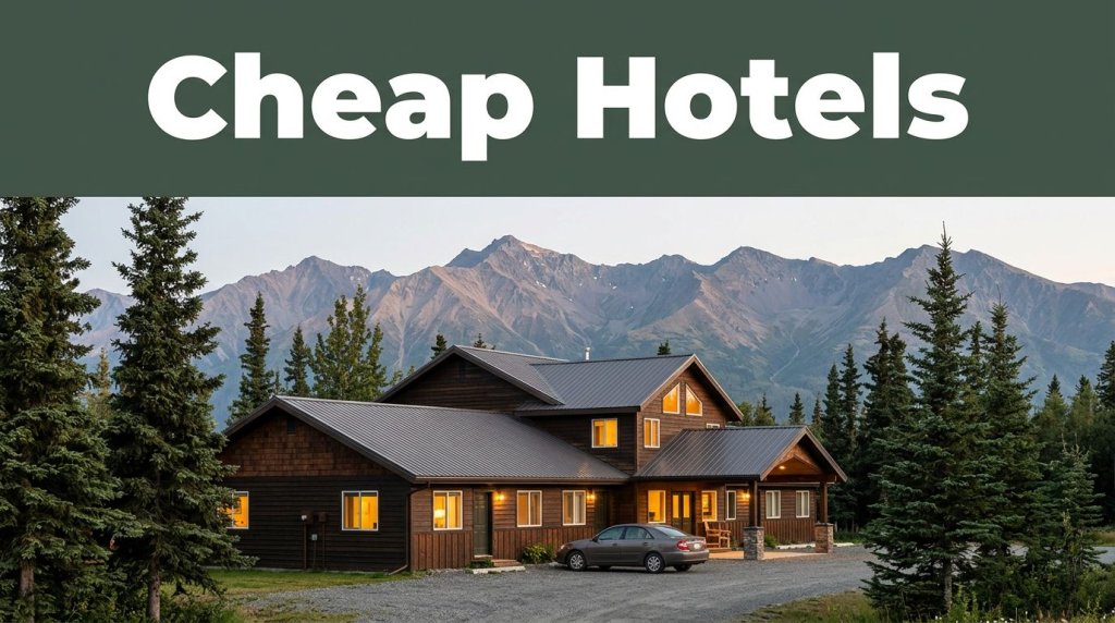 A roadside hotel near Butte with warm windows, spruce trees, and Alaska mountains.