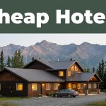 A roadside hotel near Butte with warm windows, spruce trees, and Alaska mountains.
