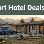 A motel with a parked car, coastal mountains, and a green Smart Hotel Deals banner.