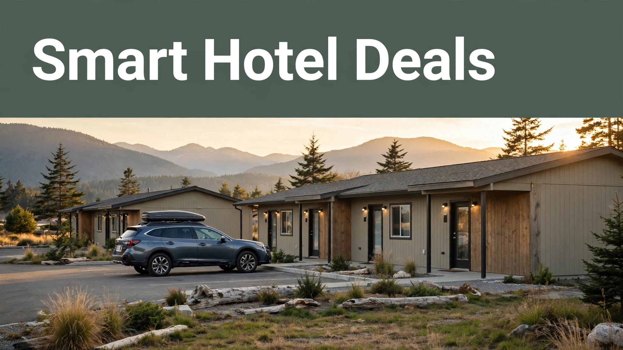 A motel with a parked car, coastal mountains, and a green Smart Hotel Deals banner.