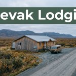 A wooden guesthouse and van beside a gravel road in the Alaskan tundra.