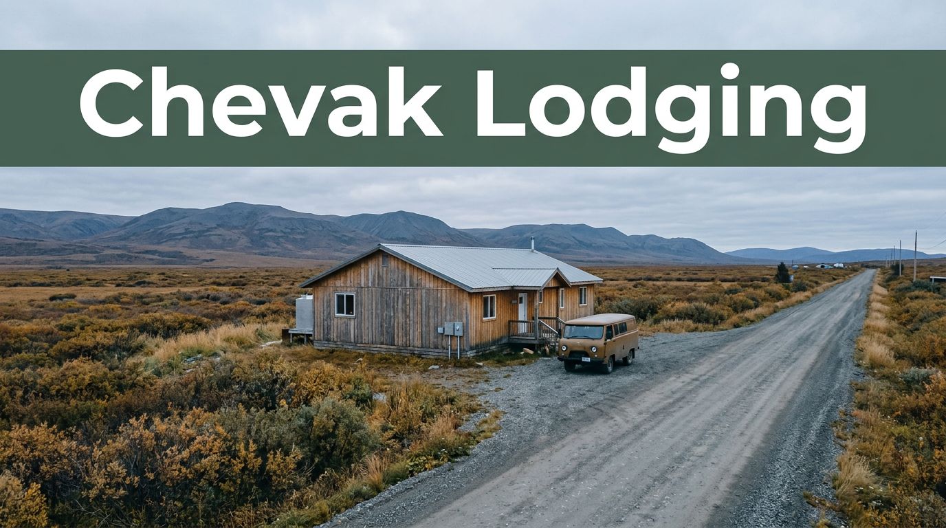 A wooden guesthouse and van beside a gravel road in the Alaskan tundra.