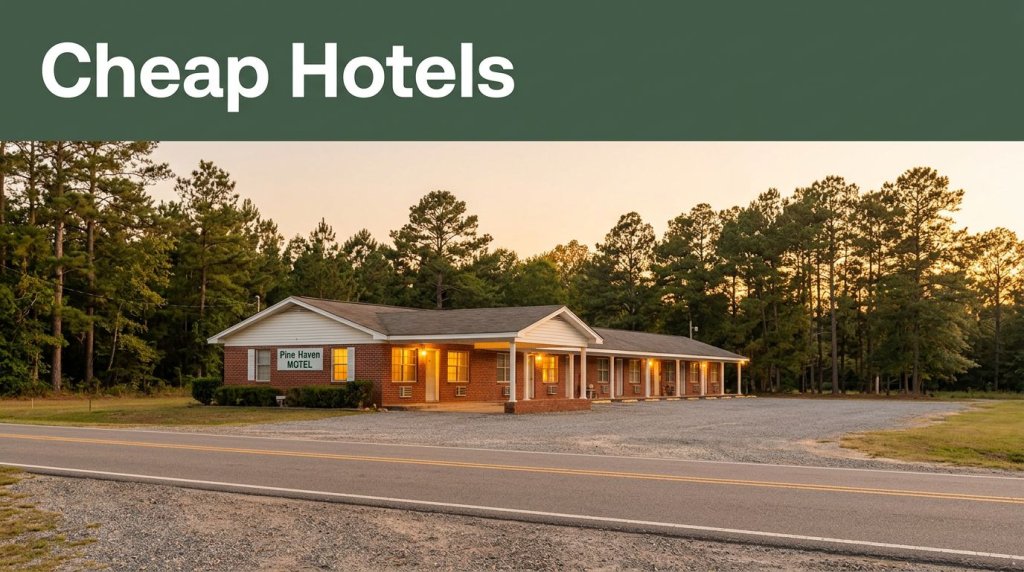 A modest motel glows beside a quiet Alabama road at sunset.