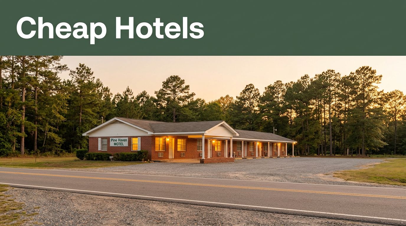 A modest motel glows beside a quiet Alabama road at sunset.