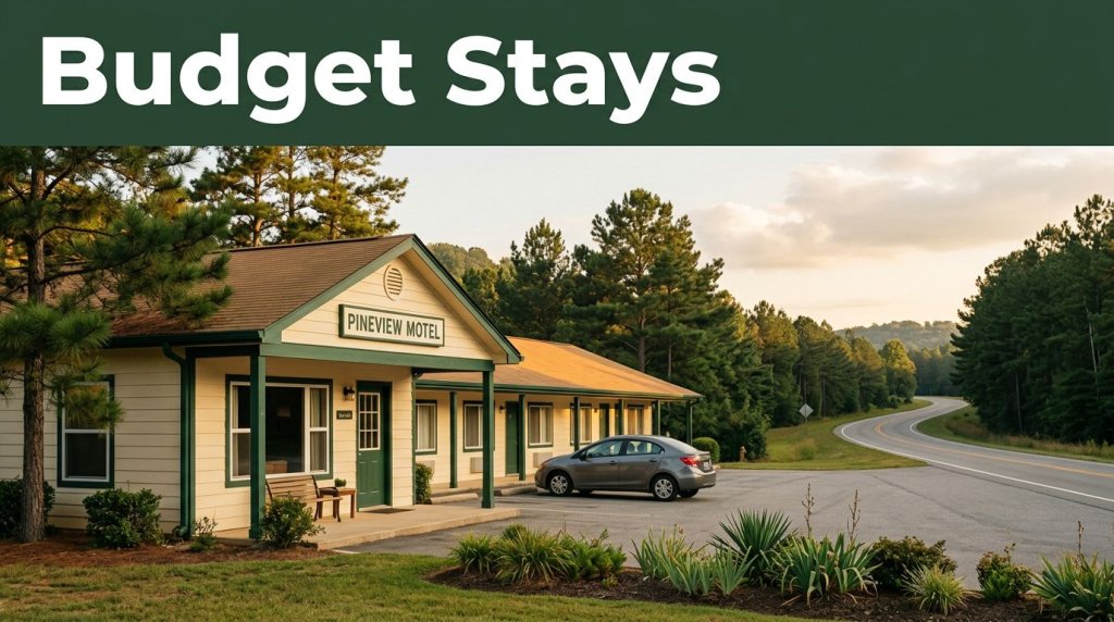 A roadside motel with a parked car, pine trees, and a green Budget Stays banner.