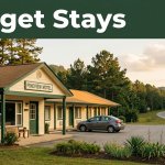 A roadside motel with a parked car, pine trees, and a green Budget Stays banner.