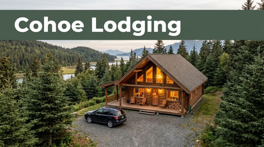 A cabin lodge with warm windows, spruce trees, a parked vehicle, and a Cohoe Lodging banner.