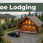 A cabin lodge with warm windows, spruce trees, a parked vehicle, and a Cohoe Lodging banner.