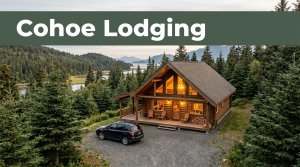 A cabin lodge with warm windows, spruce trees, a parked vehicle, and a Cohoe Lodging banner.