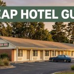 A modest hotel with a parked car, Southern landscape, and green guide banner at sunset.