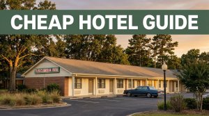 A modest hotel with a parked car, Southern landscape, and green guide banner at sunset.