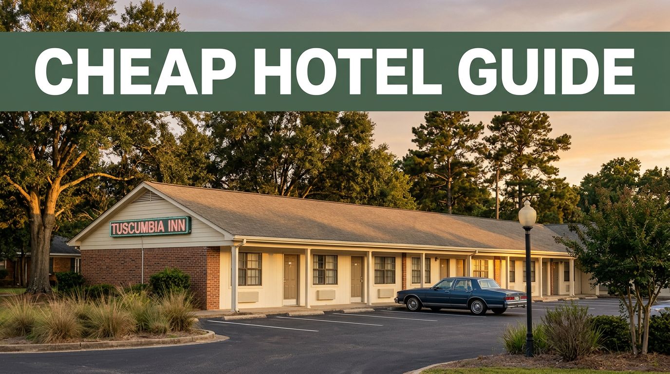A modest hotel with a parked car, Southern landscape, and green guide banner at sunset.