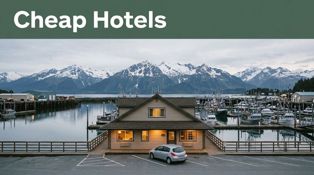 A small waterfront hotel and rental car sit beneath snowy mountains in Cordova, Alaska.