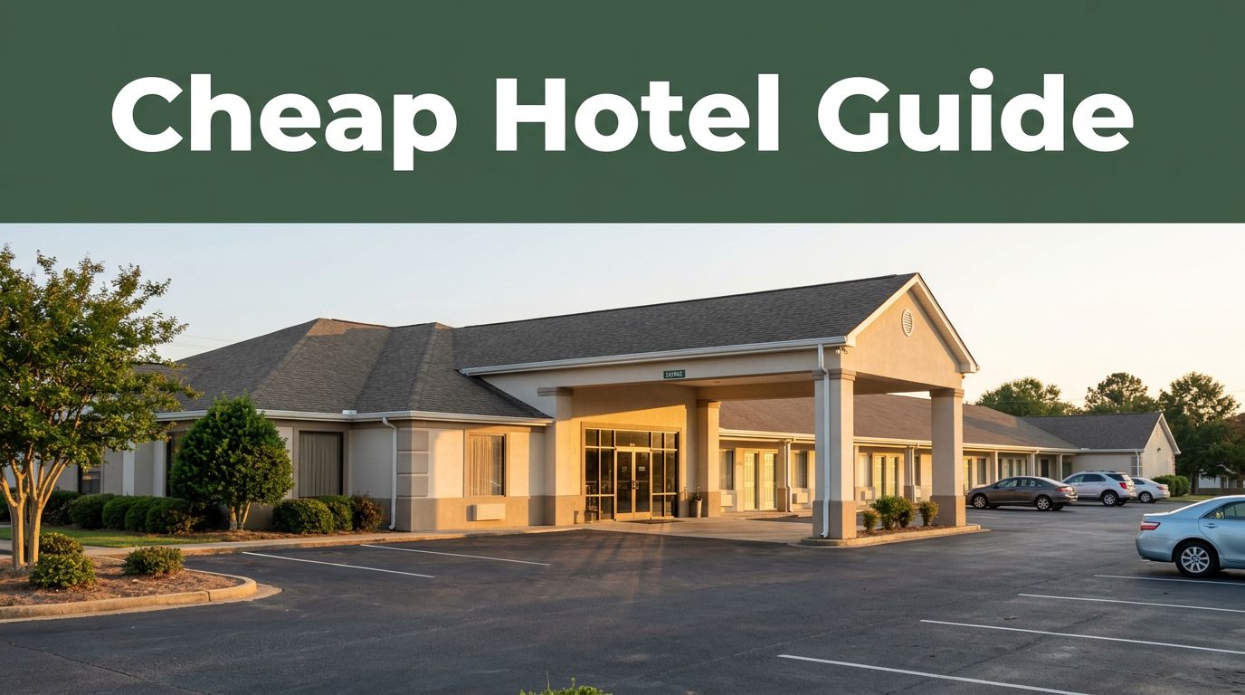 A roadside budget hotel with parked cars, greenery, and a dark-green headline band.