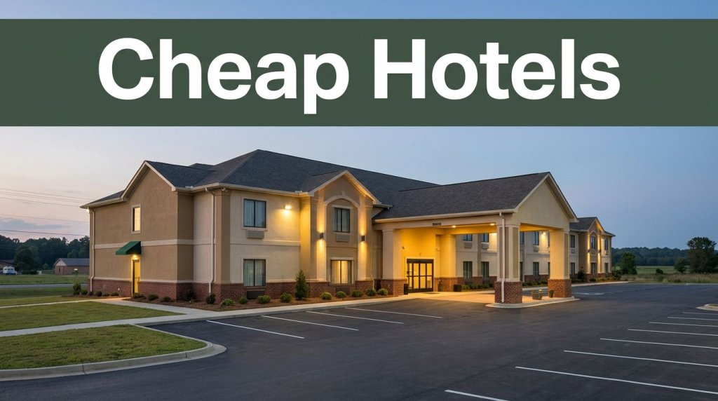 A budget hotel exterior in Ozark, Alabama, glows beside a tidy parking lot at dusk.