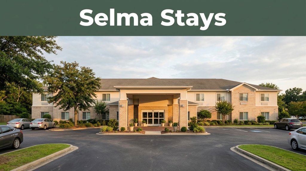 A modest Selma hotel with parking, greenery, and a welcoming entrance.