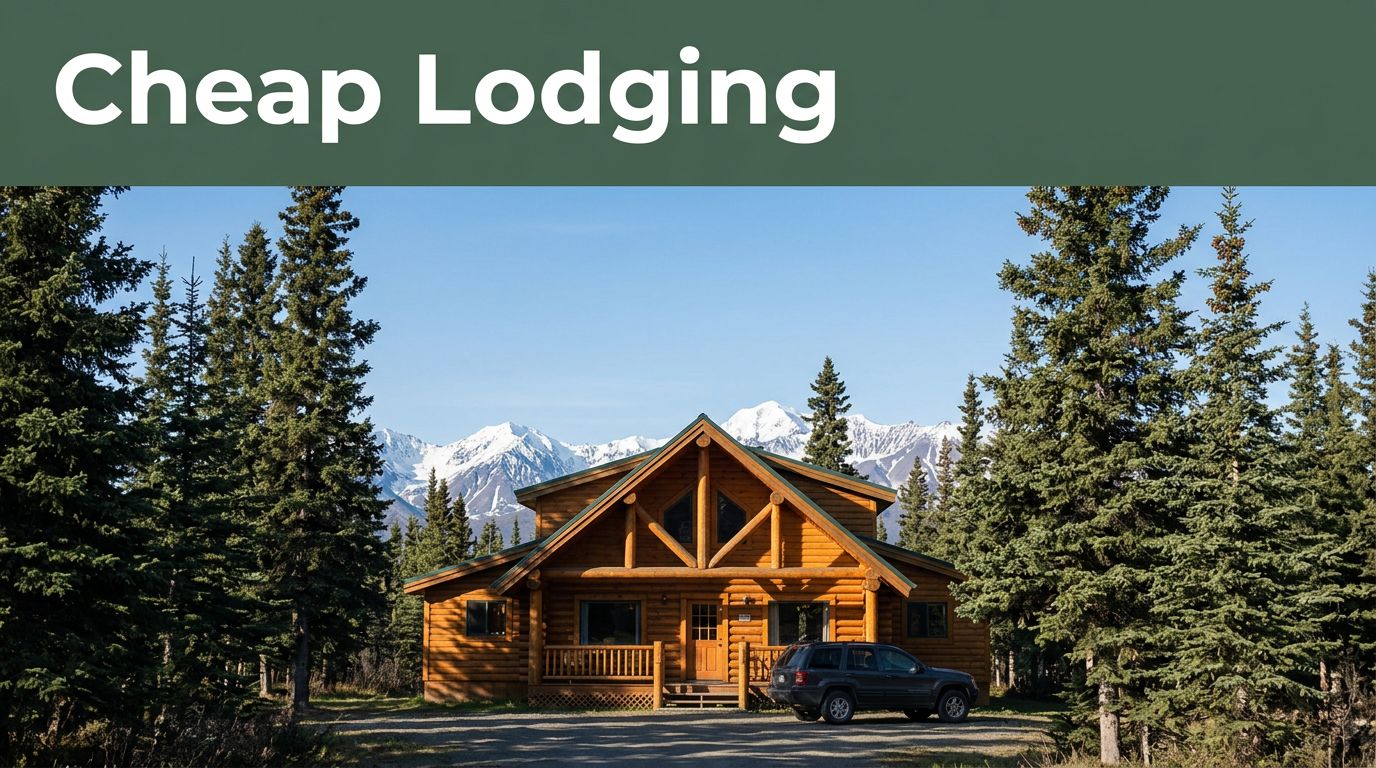 A warmly lit cabin beside a parked vehicle, spruce trees, and snowy mountains.
