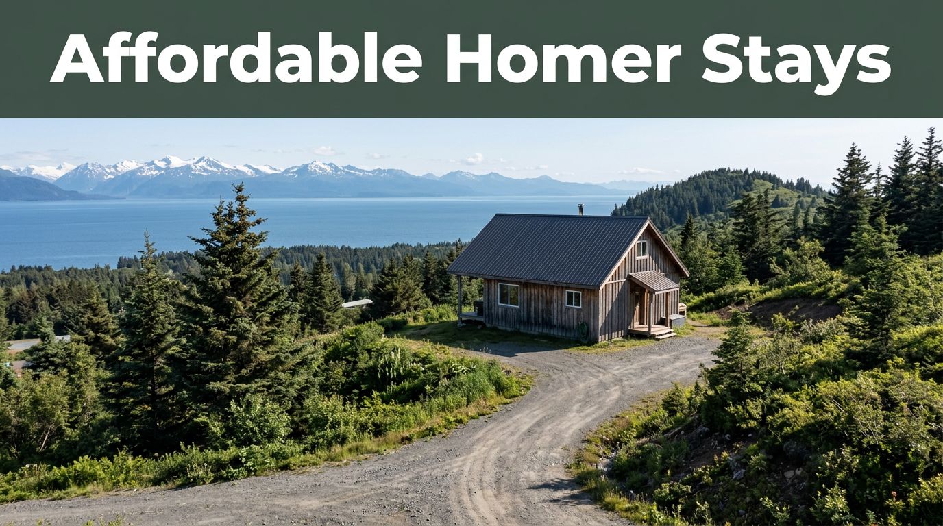 A cozy cabin overlooks Homer, evergreen hills, Kachemak Bay, and a winding road.