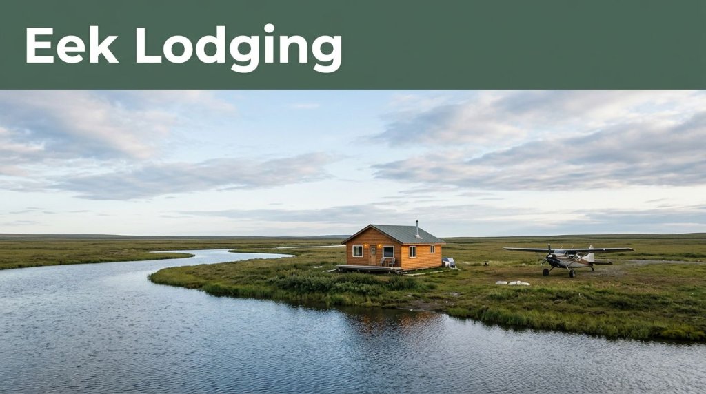 A lit cabin beside a river, tundra, and parked bush plane.