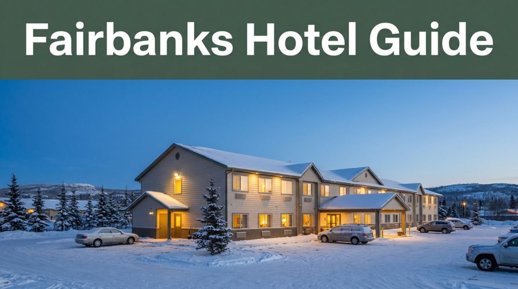 Warm hotel exterior beside snowy parking at winter dusk.