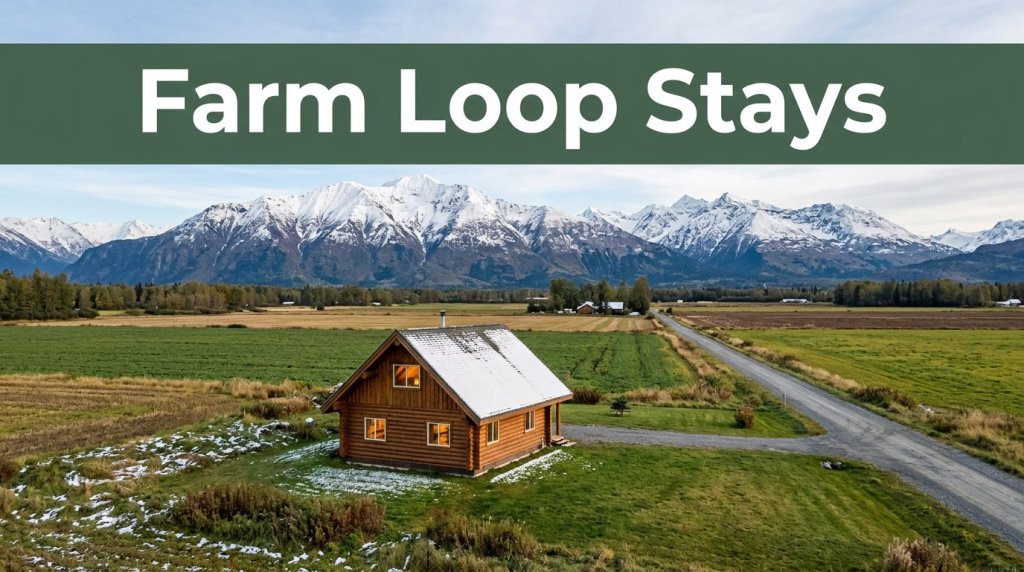 A cozy cabin beside farmland with snowy mountains and a gravel road.