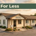 A clean motel entrance and parked car overlook the Alabama countryside at sunset.